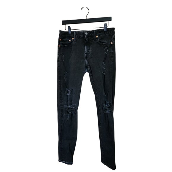 American Eagle Mens Denim Black Jeans Airflex+ Athletic Skinny Distressed  32 x - Picture 1 of 5